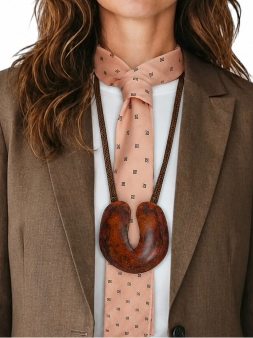Statement Brown Metal U-Shape Pendant Necklace - Women